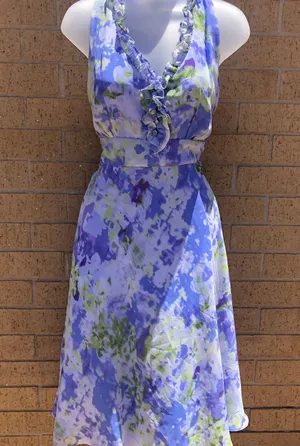 Scarlett 70s Vintage Blue and purple floral sleeveless halter dress with ruffle detailing on the neck thumbnail 1