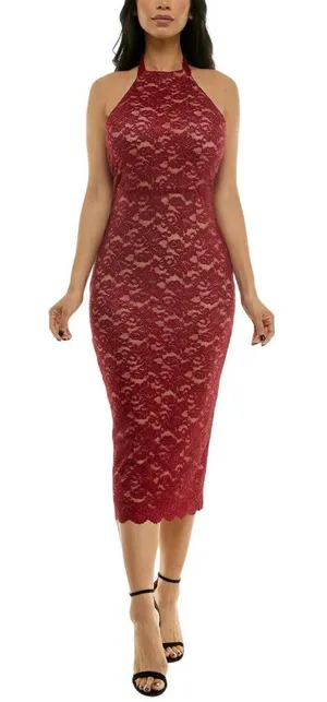 NWT Emerald Sundae Womens Glitter Lace Halter Bodycon Dress Red M thumbnail 1