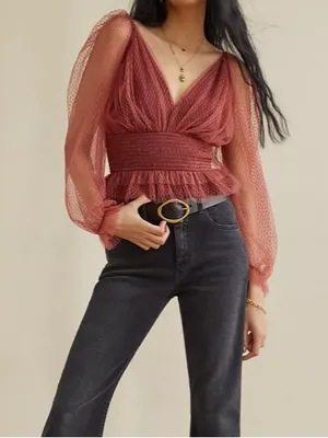 Anthropologie Tulle V Neck Blouse Bordeaux Red Sheer Smocked Peplum Top XS thumbnail 1