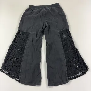 XCVI Pants Womens XL Black Crochet Cropped Flare Elastic Waist Linen Pull On thumbnail 2