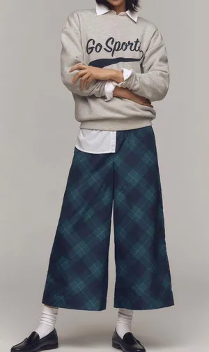 Anthropologie Maeve Taffeta Cropped Plaid Wide-Leg Pants, Size M thumbnail 1