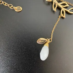 Bansri Gold Leaf Lariat Necklace White Teardrop Stone Charm Dainty Boho thumbnail 5