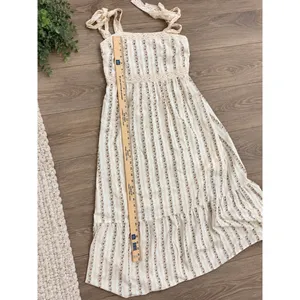 Cream Floral Cotton Maxi Dress Lace Tie Cottagecore Tiered Ruffle M thumbnail 10