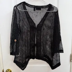 Nina Leonard black loose crocheted net drapey button‎ cropped sleeve cardigan L thumbnail 6