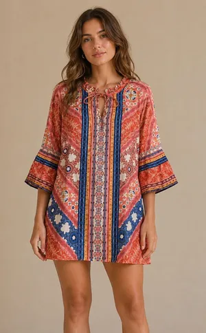 Umgee Orange Multicolor Bohemian Peasant Bell Sleeves Dress/Tunic Keyhole Large thumbnail 1