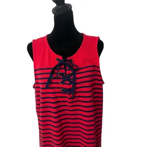 Talbots Shift Dress Size L Red Navy Striped Lace Up Knit Nautical Preppy‎ thumbnail 4