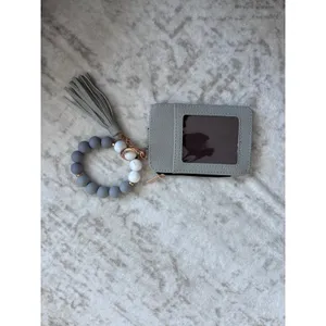 Grey Vegan Leather Card Holder Wallet with Silicone Bead Wristlet‎ Keychain thumbnail 2