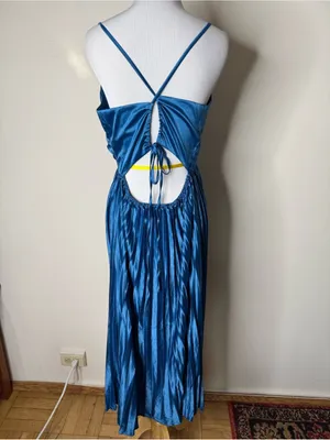 Halara Blue Silky Satin Wrap Front Pleated Skirt Midi Dress NWOT M thumbnail 7