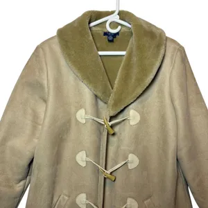 Chaps Women's Faux Suede Coat Jacket Toggle Front Sherpa‎ Collar Beige Mobwife thumbnail 3
