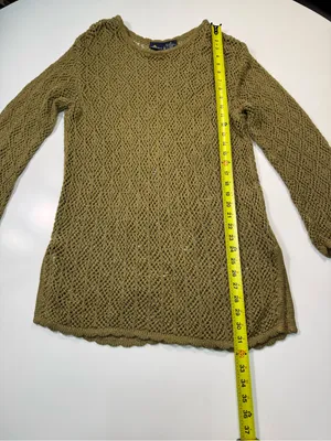 Liz Sport Linen Cotton BlendSheer Olive Green Open-Knit Long Sleeve Swim Coverup thumbnail 3