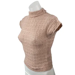 Zara Women's Pink Lace Floral Short Sleeve Mock Neck Knit Blouse Top Size L thumbnail 2