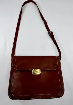 Vintage Brown Leather Crossbody Satchel Bag Contrast Stitch Brass Hardware thumbnail 1