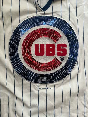 5th & Ocean White Blue Pinstripes Sequin Chicago Cubs Baseball Tee V Neck XL Top thumbnail 3