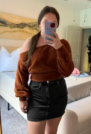 American Threads Brown Off Shoulder Sweater thumbnail 1