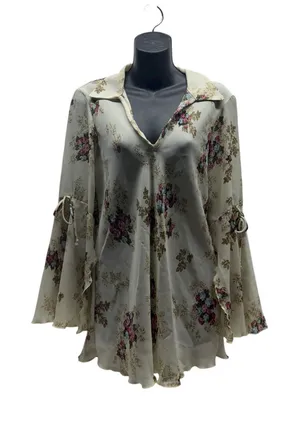 Vintage Floral Belle Sleeved Chiffon Sheer V-Neck Bohemian Blouse thumbnail 1