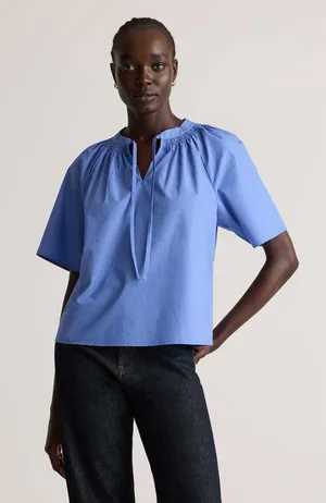 Quince Split Neck Top Women XS True Blue Organic Cotton Poplin Blouse Preppy thumbnail 1