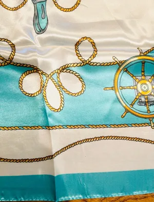 Vintage Square Sailing BOAT,WHEEL&Anchor 35/35 Oversized TEAL satin Silky SCARF thumbnail 3