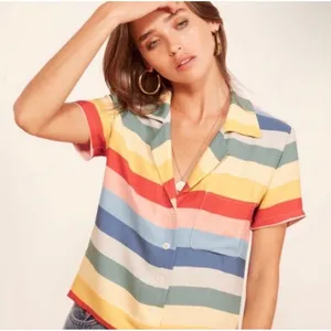 Reformation Rainbow Stripe Tencel Short Sleeve Camp Shirt Multi Color S thumbnail 1