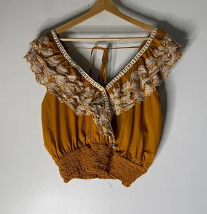 Jennifer‎ & Grace Yellow Embroidered Ruffle White Crochet Trim Large thumbnail 1