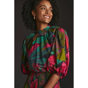 Farm Rio Tropical Palm‎ Leaf Smocked Puff Sleeve Mini Dress XL Vacation Resort thumbnail 13