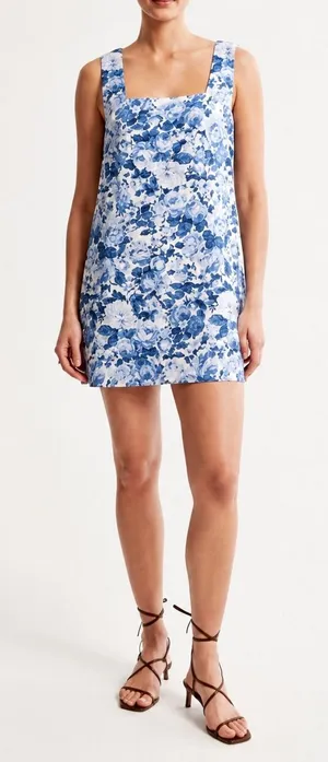 Abercrombie & Fitch Blue Floral Linen Blend Square Neck Mini Dress Size S thumbnail 1