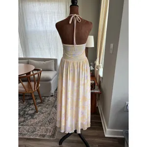 Pastel Watercolor Floral Mesh Halter Midi Dress Ruched Summer Girly Whimsy Small thumbnail 2