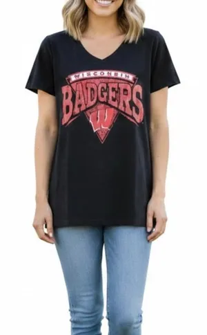 Retro Wisconsin Badgers Vneck Short Sleeve Shirt Black Red Collegiate S M thumbnail 1