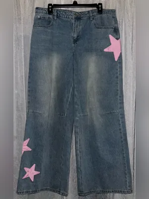 NWOT Edikted Trish Star Low Rise Wide Leg Jeans size large pink star patch’s thumbnail 2