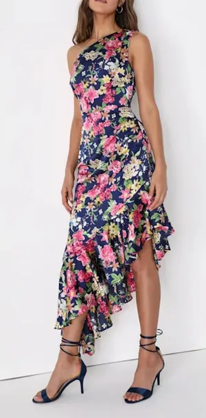 Lulus Divinely Blooming‎ Blue Multi Floral One-Shoulder Midi Dress Medium thumbnail 1