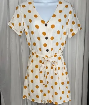 Monteau White and Yellow/ Orange Polka Dot Romper perfect for any summer day thumbnail 1