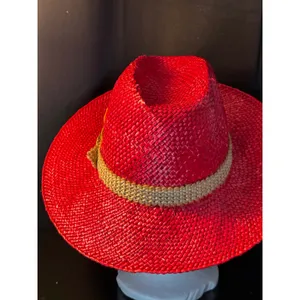 Red Straw Cowboy Hat‎ with Woven Band and Feather Accent Western Style Fedora thumbnail 4