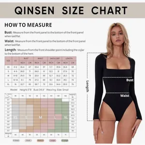 QINSEN Women's Sexy Square Neck Bodysuit Long Sleeve Double Lined Shirt Top thumbnail 4