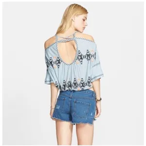 Free People Blue New World Embroidered Bohemian Cold Shoulder Peasant Top Size M thumbnail 3