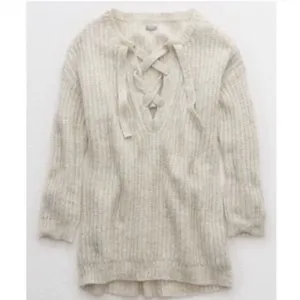 Aerie Womens Size Small Oversized Lace-Up Pullover Sweater Tunic Oatmeal Heather thumbnail 2
