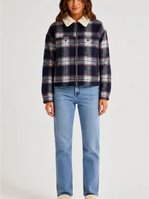 Aerie Cropped Plaid Sherpa-Lined Jacket in Navy thumbnail 6