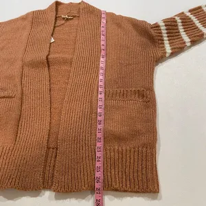 Easel Los Angeles Brown Knit Cardigan White Stripe Sleeves Open Front Size M thumbnail 8