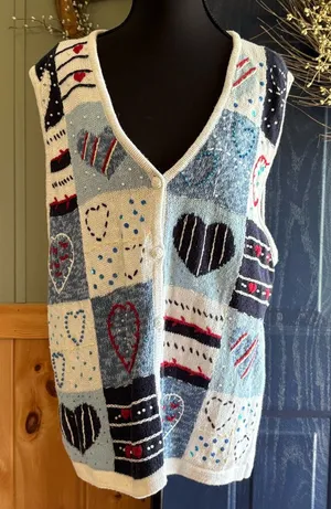 White Stag Beaded Red, White & Blue Heart embroidered Patchwork Sweater Vest SzL thumbnail 1