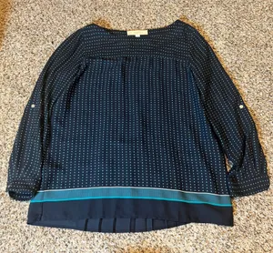 LOFT‎ PETITES Navy Blue Teal Dot Print Long Sleeve Pleated Hem Top thumbnail 1