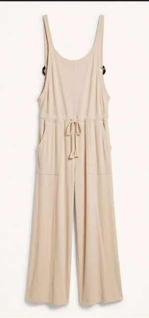 Free People‎ Jumpsuit Womens Medium FP Beach Beige Linen Blend Wide Leg Ribbed thumbnail 1