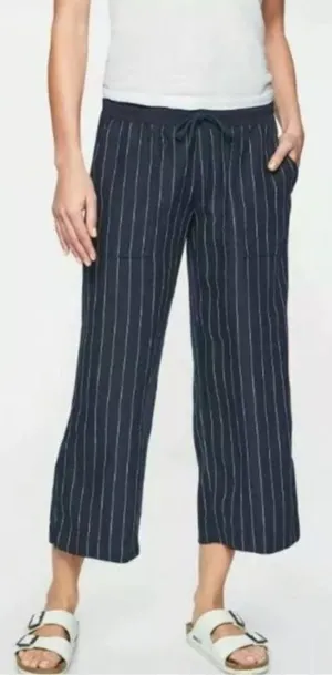 Athleta Linen Pants Womens 2 Bali Wide Leg Cropped Blue Stripe Beachy Pockets thumbnail 1