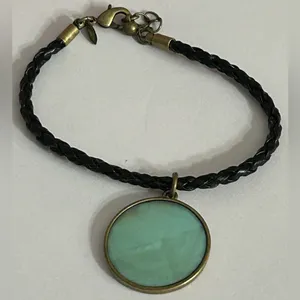 Avon Black and Antique Gold Braided 3” Bracelet Turquoise Color Pendant thumbnail 1