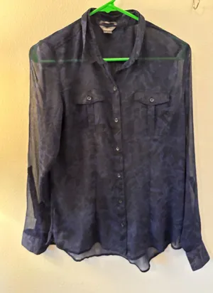 Eddie Bauer Womens Navy Blue Black Floral Sheer Button Down Blouse Small Classic thumbnail 1