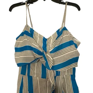 True Destiny Jumpsuit Women L Wide Leg Romper Twist Top White Turquoise Pockets thumbnail 3