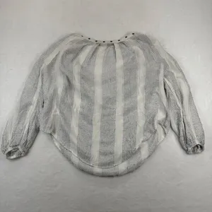 Free People White Grey Metallic‎ Striped Grommet Split Neck Blouse Top Womens M thumbnail 7