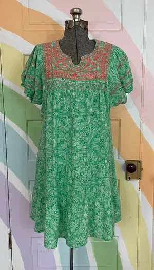 Sister Mary Green Paisley Embroidered Tiered Cotton Mini Boho Dress Sz S 🧡🎀 thumbnail 1