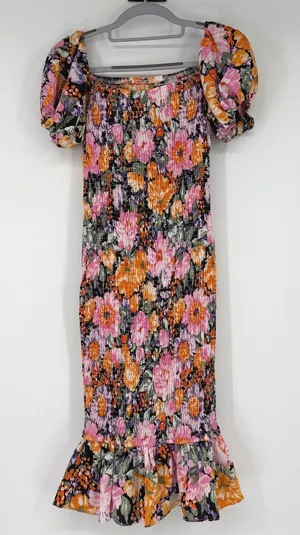 Hello Molly Floral Smocked‎ Bodycon Dress Womens Size 4 Small Puff Sleeve Ruffle thumbnail 1