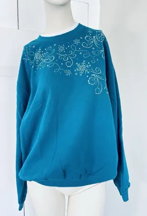 Decorated Originals Womens Blue Rhinestone Snowflake Holiday Sweatshirt Large‎ thumbnail 1