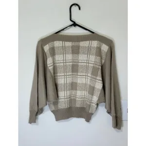 Vintage Ami Plaid Sweater Size 14/15 Cream Beige‎ Batwing Sleeve Knit Top thumbnail 2