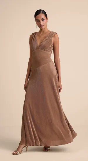 NWT Lulus Renee Light Brown Satin Plisse V-Neck Maxi Dress Gala Banquet Size S thumbnail 1