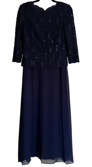 Alex Evenings Navy Blue Lace Sequin 3/4 Sleeve Maxi Dress Sz 6 Mother of Bride‎ thumbnail 1